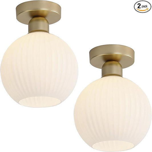 KCO Lighting 1 Ribbed Glass Flush Mount Ceiling Light Set of 2 Small Globe Round Semi Flush Mount Mid Century Modern Entry Hallway Light 2 Pack Gold and White