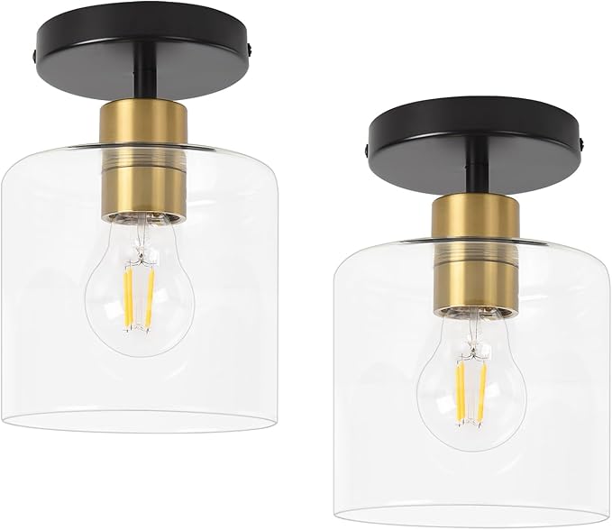 Black Brass Semi Flush Mount Ceiling Light,Modern Farmhouse Ceiling Light Fixture for Closet Entryway,Hallway Light Fixture 5.9in Clear Glass Shade 2 Pack