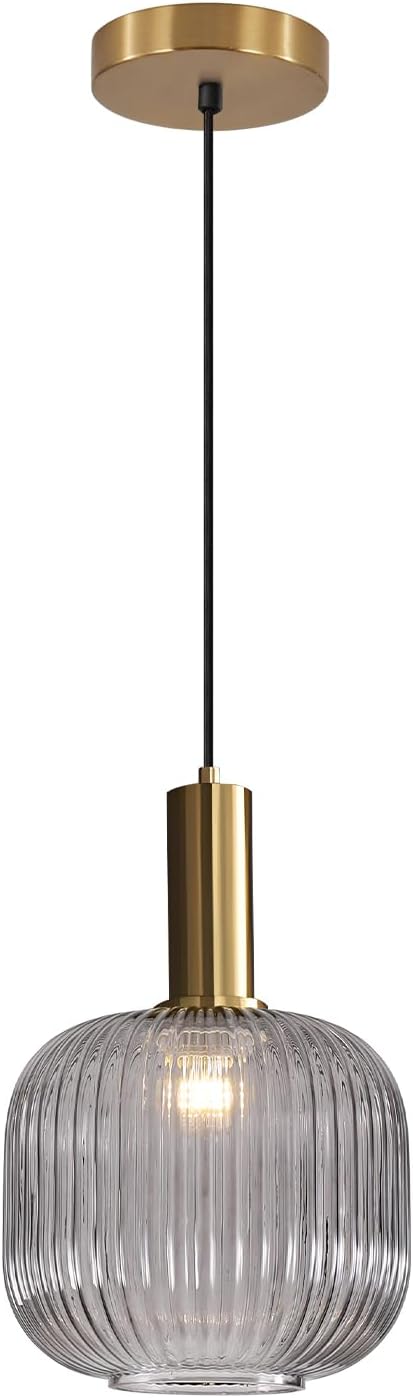 BOKT Modern 1-Light Gold Globe Pendant Light Mid Century Smoke Gray Ceiling Pendant Lighting Glass Ball Round Pendant Lamp Single Brushed Brass Pendant Light Fixture Kitchen Island (Smoke Gray)