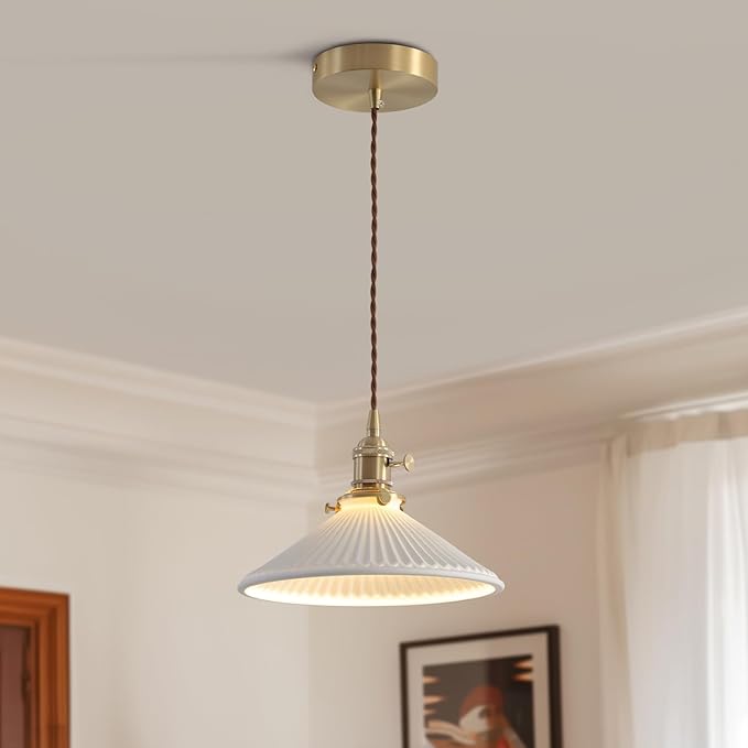 White and Gold Pendant Light Modern Nordic Hanging Ceiling Light Fixture Vintage Adjustable Single Brushed Brass Opal Glass Pendant Lights Kitchen Island Lamp Ceramic Chandelier MPL16D