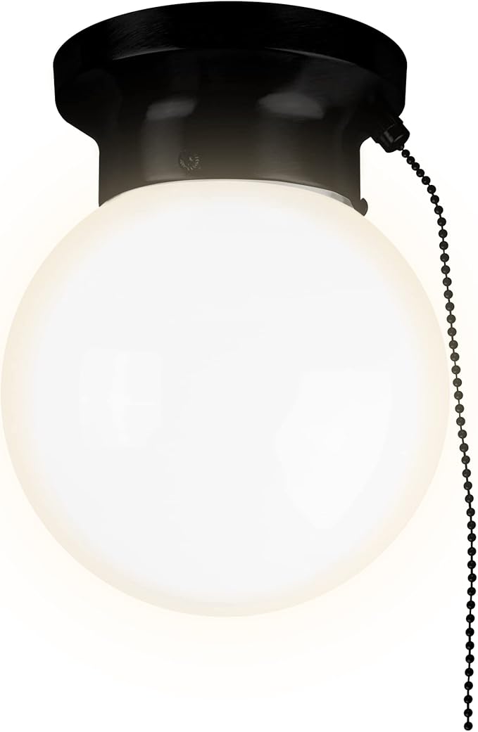 Ultralux 6" Utility LED Glass Flush Mount with Pull Chain - Globe Light Fixture - 500 Lumens 3000K Light Fixture for Closet, Pantry, Shed, Laundry Room - ETL-Certified (Matte Black, 1-Pack)