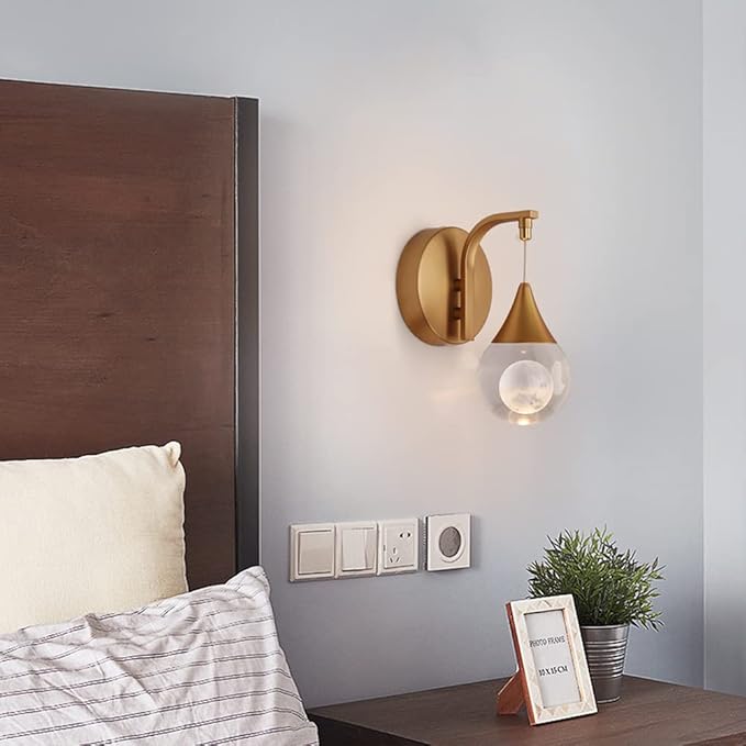 Sedelan Moon Wall Light, Crystal Wall Sconces Indoor, Modern LED Bedside Wall Lamps, 5W Dimmable Globe Wall Lights for Living Room Bathroom Sconce Corridor Stairwell, Brass