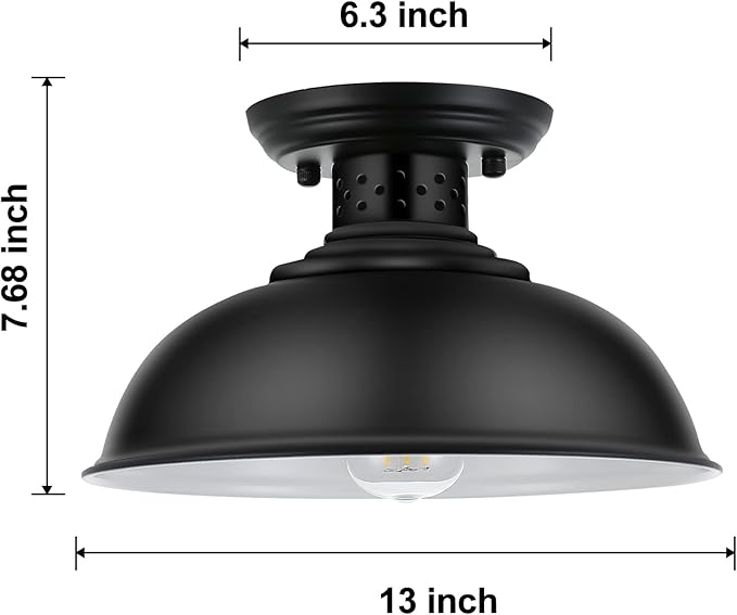 Semi Flush Mount Ceiling Light, Industrial Close to Ceiling Lighting Fixtures, Rustic Vintage Metal Black Ceiling Lamp for Kitchen Island Bedroom Hallway Farmhouse, 13in