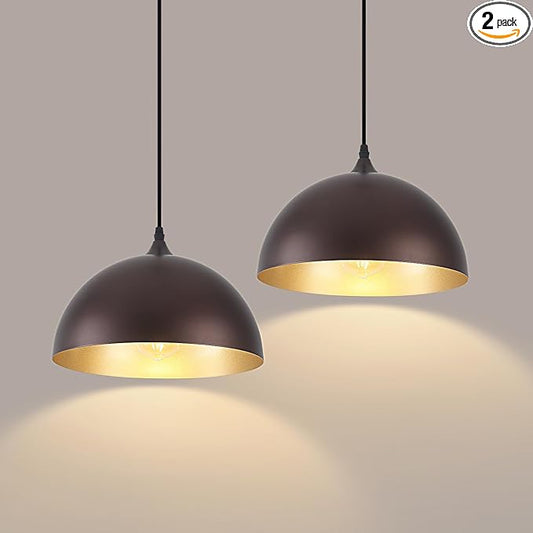 Farmhouse Pendant Light 2 Pack, Vintage Pendant Light Fixtures, Brown Kitchen Pendant Lighting, 11.8 inches Dome Kitchen Pendant Lights, Industrial Pendant Lights for Island Dining Room Bed Room