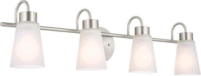 Kichler Erma 4-Light Bathroom Vanity Light Fixture with Satin Etched Glass Shades, Brushed Nickel Wall Mount over Mirror Lighting for Bathroom Vanity (32.5" x 8.5" x 6"), 55127NI