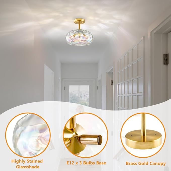 Gold Semi Flush Mount Ceiling Light, 12''& 3-Bulb Vintage Ceiling Light Fixture, Stained Glass Shade Hanging Hammered Lampshade for Hallway, Kitchen, Farmhouse, Foyer, Bedroom - Bulbs Not Included