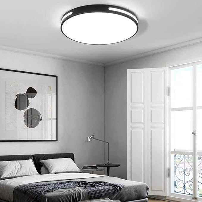 Modern, Simple, Round, Ultra-Thin Ceiling Light, Minimalist, Three-Color Dimming LED Ceiling Decorative Lighting, for Dining Room, Bedroom, Corridor, Metal Acrylic Lighting, Black 30 cm