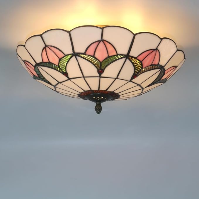 Tiffany Style Ceiling Light 16 Inch Stained Glass Flush Mount Ceiling Light for Bedroom Chandelier Vintage Pendent Light Fixtures (16 Inch White Pink)
