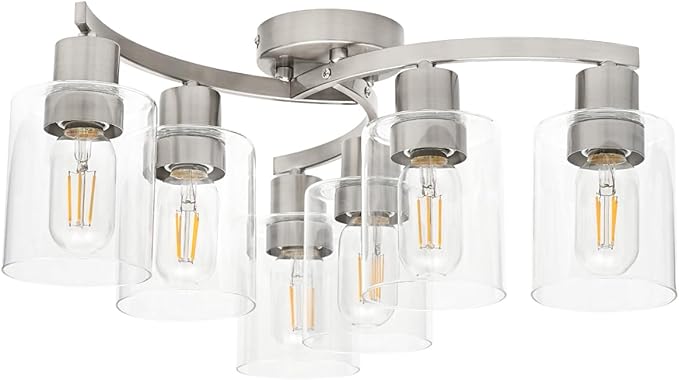 WILON 6-Light Large Brushed Nickel Semi Flush Mount Ceiling Light Fixture, Modern Light Fixtures Ceiling Mount with Clear Glass Shade, Industrial Ceiling Lamp for Dining Room Kitchen Living Room