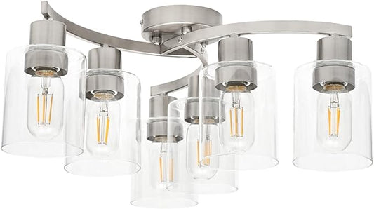 WILON 6-Light Large Brushed Nickel Semi Flush Mount Ceiling Light Fixture, Modern Light Fixtures Ceiling Mount with Clear Glass Shade, Industrial Ceiling Lamp for Dining Room Kitchen Living Room