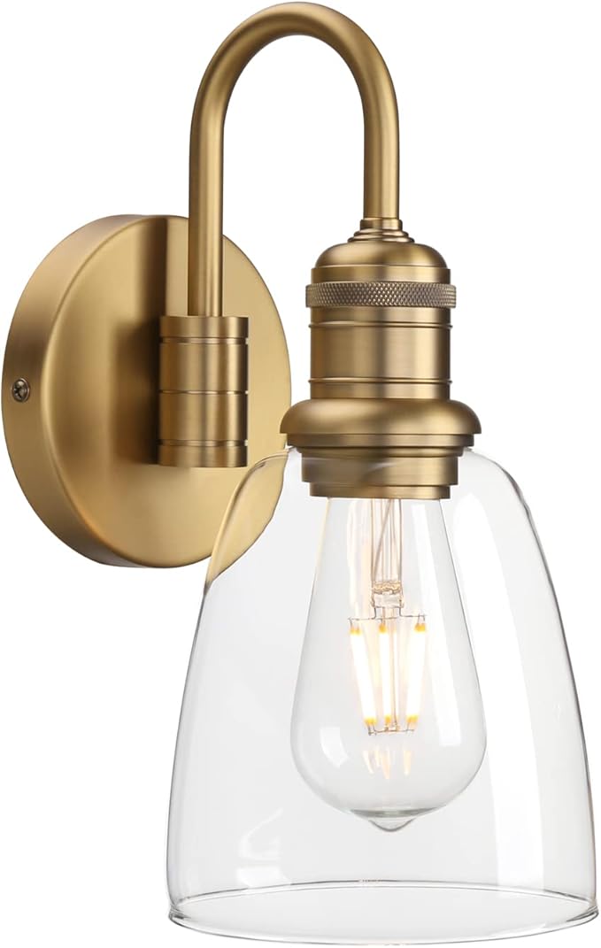 1-Light Vintage U-Shaped Wall Sconce Lamp with Cloche Clear Glass Shade, Industrial Indoor Wall Light Fixture for Bathroom Living Room Bedroom Over Kitchen Sink