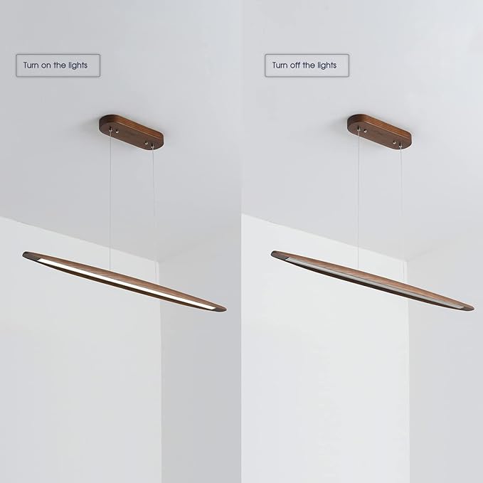 YISDESIGN Wood Linear Pendant Hanging Light Fixture Minimalist Light Linear Chandelier Wood Kitchen Island Lighting 40w Dimmable for Dining Room Dining Table Living Room Pool Table Walnut Color