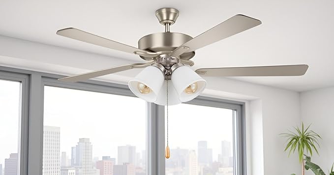 Aspen Creative 22011-2, Three-Light Ceiling Fan Light Kit with Pull Chain, Brushed Nickel Finish with Frosted Glass Shades, 13" Diameter x 6-3/4" Height