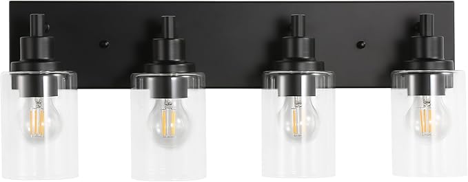 LOUSACE 4 Light Bathroom Vanity Light, Matte Black Bathroom Lighting Fixtures with Clear Glass Shade, Modern Vanity Wall Sconces over Mirror, Farmhouse Black Bath Light Fixture for Bedroom Living Room