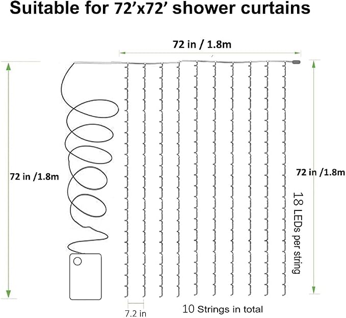 Solhice Curtain Shower Light Blue, 72 x 72 Inches Battery Operated Waterproof 180 LEDs Curtains Fairy Lights with 10 Hooks for Inside Shower (NO Curtain)