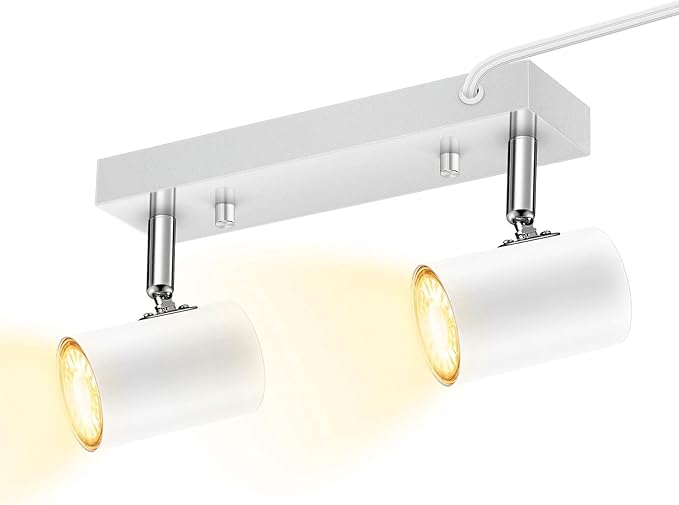 AUQUEE 2 Light Track Lighting Kit,White 2 Way Flexible Plug in Ceiling Spotlight,Industrial LED Wall Light for Kitchen Cabinet Gallery Bar Hallway Living Room,Rocker Switch,15 ft Cord(No Bulb)