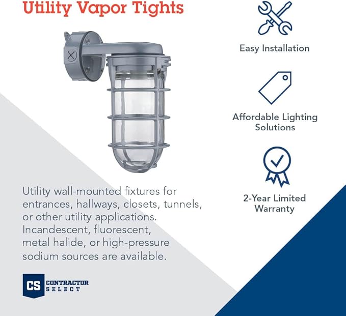 Lithonia Lighting Jelly Jar Light Fixture, Incandescent Utility Vapor Tight Wall Lamp, Industrial Style Wall Light for Indoor and Outdoor Use, 150W, 120V, Includes Junction Box, Grey (VW150I M12)