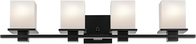 Kichler Tully 32" 4-Light Bathroom Vanity Light Fixture with Satin Etched Cased Opal Glass in Black for Over Mirror, Modern Wall Mount Lighting (32" x 6.5" x 7"), 45152BK
