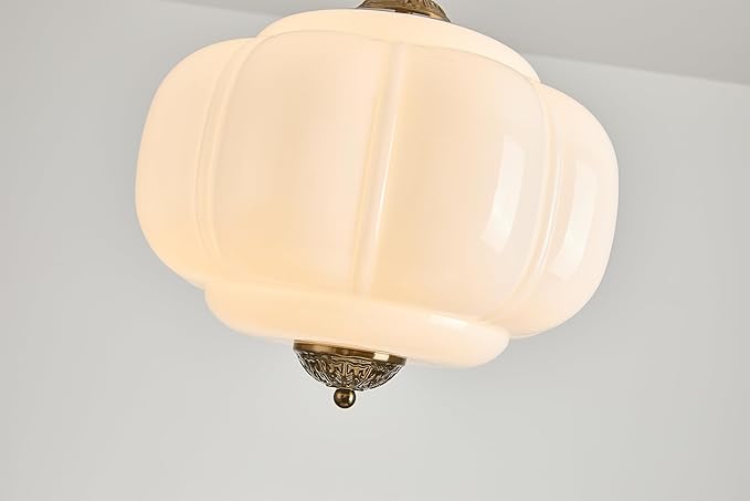 Milk Glass Ceiling Light Fixture, 12" Vintage Semi Flush Mount Pendant Light with Antique Brass Finish, Schoolhouse Light Fixture - Antique Chandelier for Kitchen, Hallway, Dining Room