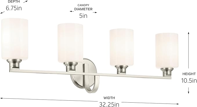 Kichler Gioe 32.25 in 4-Light Bathroom Vanity Light Fixture with Opal Glass in Brushed Nickel, Modern Wall Mount Over Mirror for Powder Room, Damp Rated (32.25 in W x 10.5 in H), 55227NI