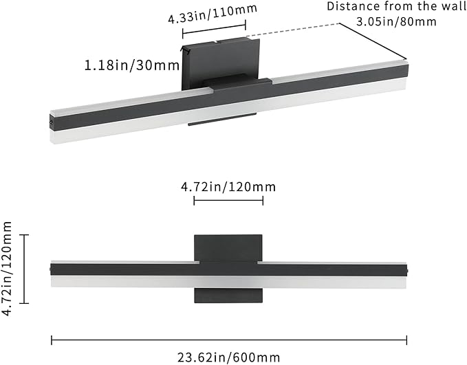 Joossnwell LED Vanity Lights for Bathroom Modern Black Bathroom Light Fixtures Over Mirror Bath Wall Lamp 23.62 inch Long 22W Warm Light 3000K