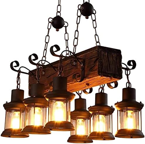 Farmhouse Lighting Industrial Rustic Wood Beam Linear Island Pendant Light Chandelier Lighting Hanging Ceiling Fixture 6-Light