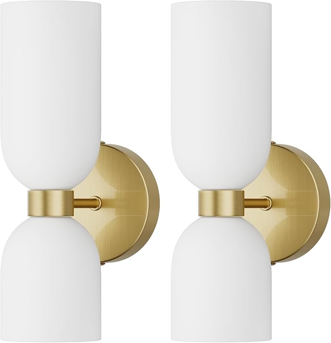 Tipace Gold Wall Sconces Set of Two,Modern Bathroom Sconce with Milky White Glass,Hardwired Wall Light Fixtures for Bathroom Living Room Bedroom Hallway,E12 Base(Bulbs Not Included)