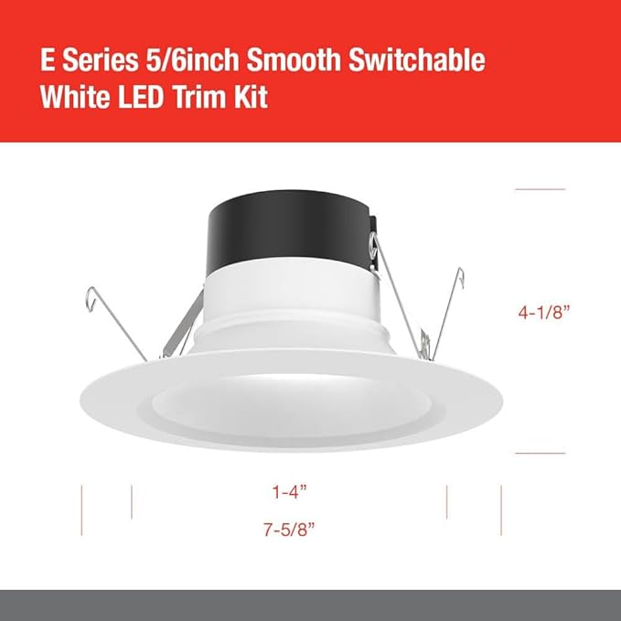Juno E Series 5"/6" LED Ceiling Light, Smooth Trim Recessed Lighting with 5-in-1 Switchable White Color, 900 Lumens, Wet Rated LED Downlight, Dimmable, White