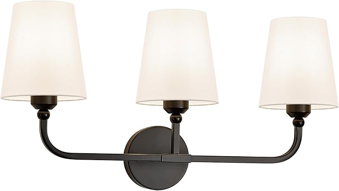 Bathroom Vanity Light, Matte Black Bathroom Light Fixtures, 3-Light Lighting Fixtures Over Mirror, Modern Wall Sconce with Flared White Fabric Shade, E26 Socket(ETL Listed)