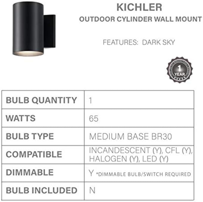 Kichler Cylinders 7" Outdoor Wall Sconce in a Black, 1-Light Exterior Wall Light, Cylinder Fixture, (7" H x 5" W), 9234BK