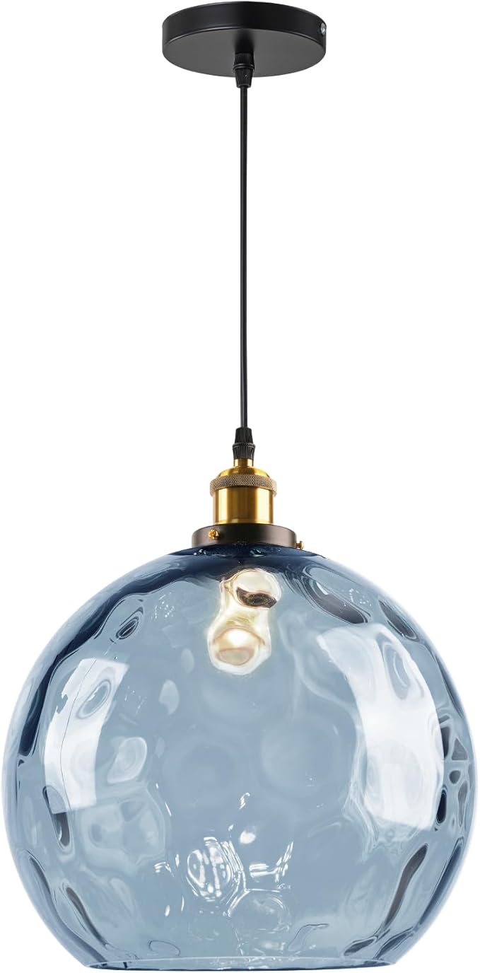 Blue Glass Pendant Lights Kitchen Island Pendant Lighting 13.8" Large Globe Pendant Light Hammered Glass Shade Adjusteble Hanging Light Fixtures for Bedroom Dining Room Living Room Hallway