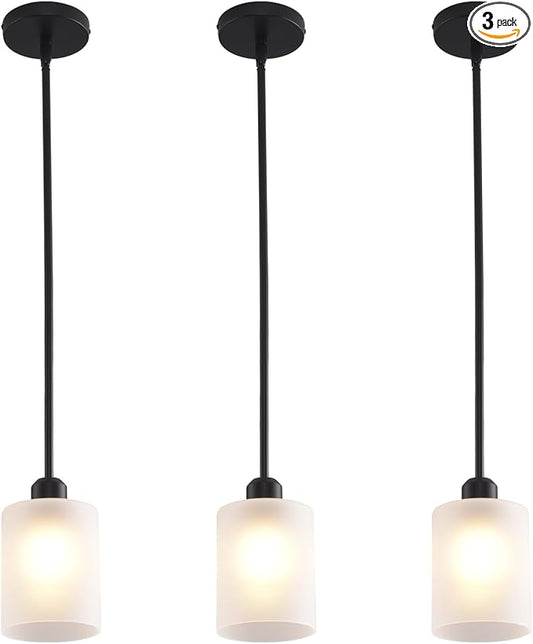3 Pack Pendant Light Kitchen Island Pendant Lighting, Hanging Light with Frosted Glass Shade, Black Modern Indoor Hanging Lamp