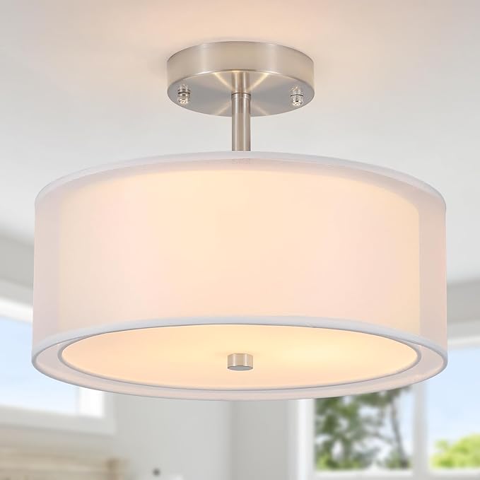 Luupyia 3-Light Fabric Drum Ceiling Lighting with Double Fabric Shade, 12.59 Inches Simple Modern Semi Flush Mount Ceiling Pendant Light Fixture Modern Chandelier for Bedroom, Hallway, Foyer E26 60W