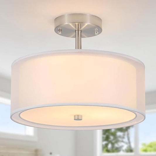 Luupyia 3-Light Fabric Drum Ceiling Lighting with Double Fabric Shade, 12.59 Inches Simple Modern Semi Flush Mount Ceiling Pendant Light Fixture Modern Chandelier for Bedroom, Hallway, Foyer E26 60W