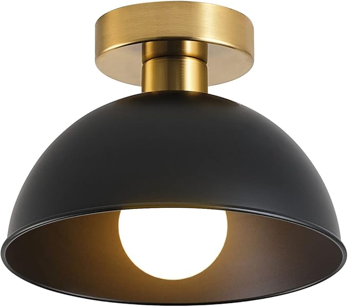 Industrial Semi Flush Mount Ceiling Light with Gold Plate and Matte Black Shade, Farmhouse Ceiling Light Fixture for Kitchen Island Dining Room Foyer Hallway Porch Barn Loft，10in (Black)