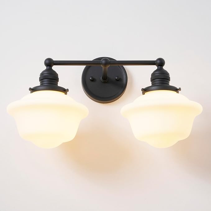 Vintage 2-Lights Wall Sconce Lights Black Bathroom Vanity Light with Milk Glass Double Sconce Wall Mounted Lamp for Bedroom Living Room Bathroom Mirror Kitchen Hallway Hardwire