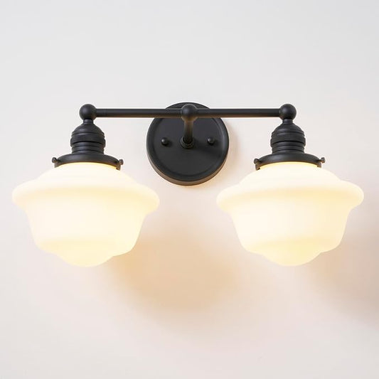 Vintage 2-Lights Wall Sconce Lights Black Bathroom Vanity Light with Milk Glass Double Sconce Wall Mounted Lamp for Bedroom Living Room Bathroom Mirror Kitchen Hallway Hardwire