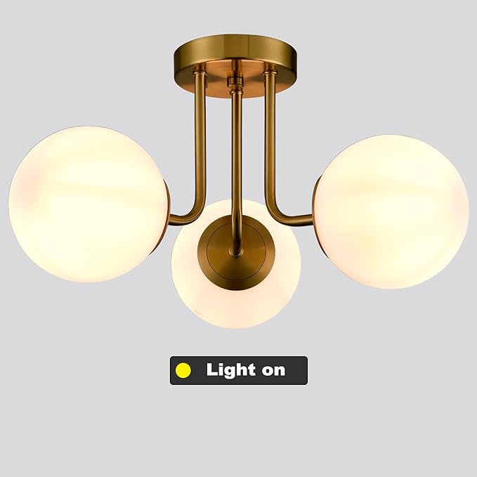 Modern Brass Gold 3-Light Ceiling Light with Globe White Glass Shade Semi Flush Mount Ceiling Light for Living Room Hallway Sputnik Chandelier Lighting Fixture