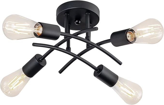 Industrial 4-Light Semi Flush Mount Ceiling Light Fixture, Modern Black Close to Ceiling Light, E26 Base Chandelier Lighting, Farmhouse Pendant Lamp for Hallway Kitchen Bedroom