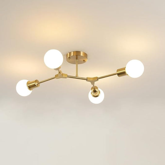 Modern Semi Flush Mount Ceiling Light,Mid Century 4 Light Lighting Fixture for Dining Room Bedroom Kitchen Foyer Entryway Hallway,Metal Gold Sputnik Chandelier