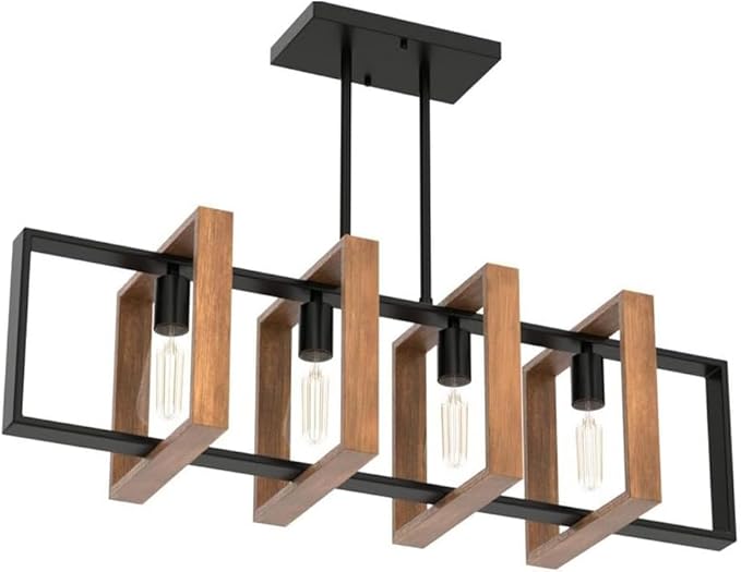 Antique Wood Chandelier Island Lights for Kitchen, 31.5" Pendant Lights Kitchen Island Lighting, 4-Light Rectangular Wood Black Rustic Farmhouse Chandeliers for Dining Room Light Fixtures Over Table