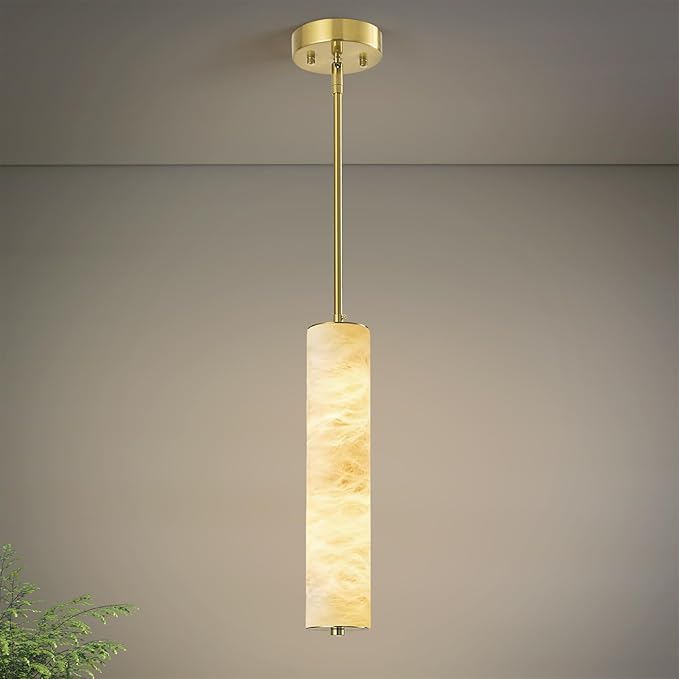 LMQNINE Natural Alabaster Pendant Lights White Marble 15" Long Tube Adjustable Boom Chandelier Modern 3000K Gold Ceiling Light for Kitchen Island Bedroom Dining Room Living Room Hallway(S-1Pack)