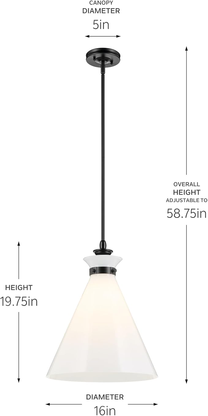 Kichler Laria 1-Light Pendant, Updated Traditional Light, Sloped Ceiling Compatible, for Kitchen with Opal Glass in Black (19.75" x 16"), 52775BK
