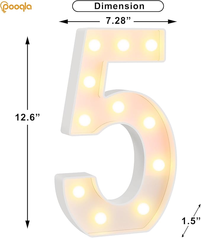 Pooqla Large Light Up Numbers for 5th Birthday Decorations, 12.6 in Tall White Plastic Marquee Numbers Sign Party Decorations, Gift for Girls Boys Night Light Wedding Anniversary Decor, Big Number 5