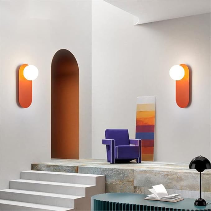 Glass Corridor Wall Mounted Lamp,Globe Light Fixture with Orange Background,Nordic Style Wall Sconce for Bedroom Kitchen and Hallway