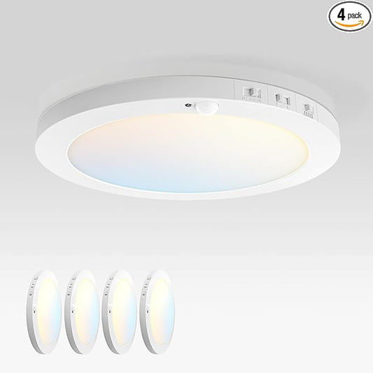 ASD LED 12" Round Flush Mount Ceiling Light Fixture, Low Profile Surface Lighting | 5CCT, Motion Sensored, Ultra-Thin, ETL Listed | 24W 1700LM 2700-6000K 120V | Kitchen, Hallway Lamp | White, 4 Pack