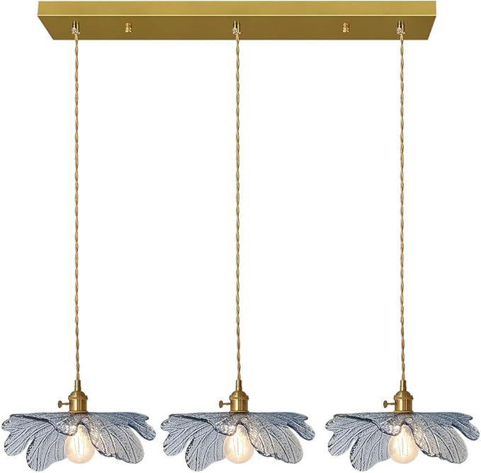 3-Light Hand Blown Glass Chandelier, Blue Flower Glass Shade with Brushed Brass Gold Base, Adjustable Pendant Light Mid Century Vintage Farmhouse Hanging Lamp for Dining Room Kitchen Island