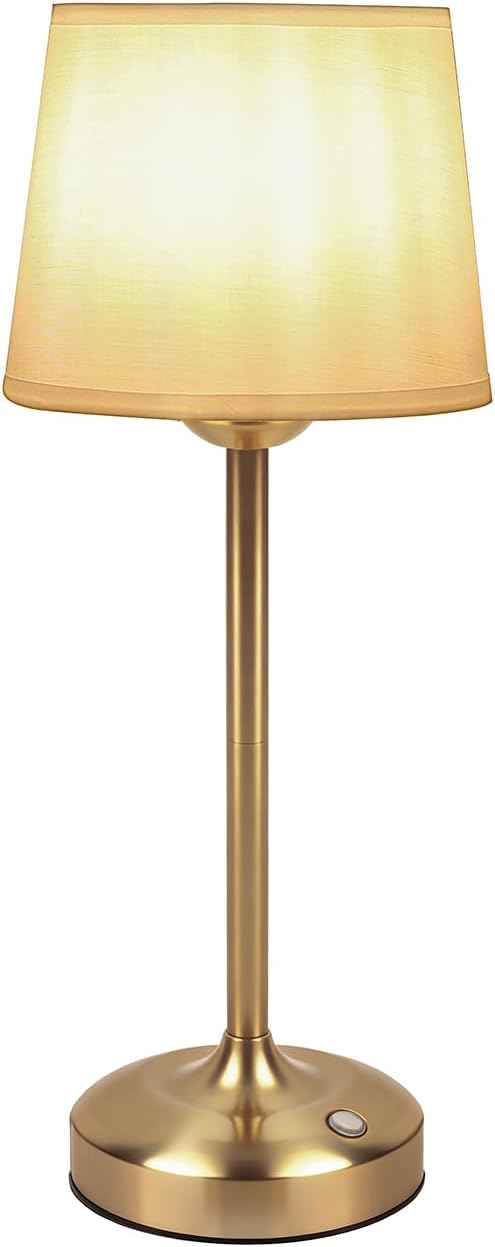 Deogos Cordless Table Lamp Gold with Dimmer, 4000mAH Battery Operated Lamp Rechargeable, 3 Color Temperature Touch Control Fabric Desk Light for Dining Room, Bedroom, Bar, Patio, Counter, Restaurant