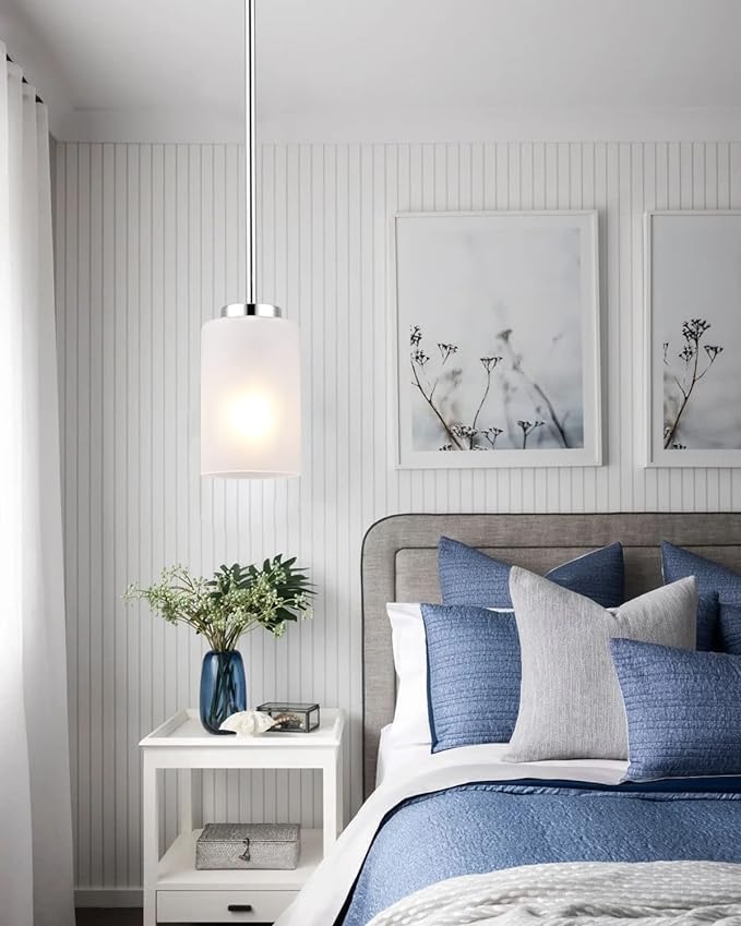 Indoor Brushed Nickel Pendant Light Fixtures, Adjustable Kitchen Island Hanging Lights with White Frosted Glass Shade，Vintage Lamp Mini Pendant Lights for Bedroom Living Room, 3 Pack