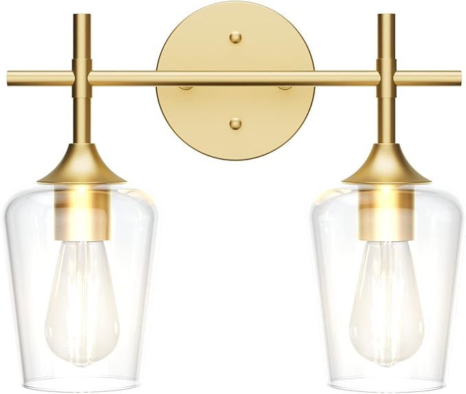 Ralbay Gold Bathroom Light Fixtures 2-Lights with Clear Glass Modern Wall Mount Lighting Industrial Farmhouse Gold Bathroom Vanity Lights Wall Sconce